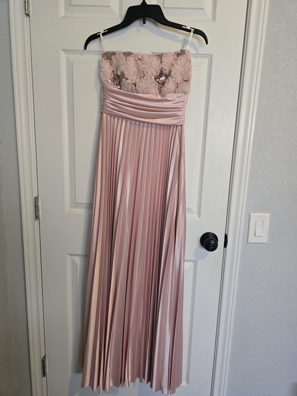 Speechless Dusty Rose Strapless Pleated Maxi Dress with Floral Appliqué